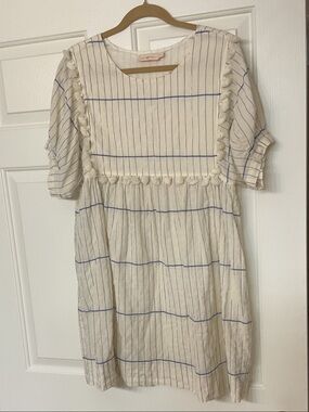 Tory Burch Cream Dress with Blue Pinstripes and Pom Trim
